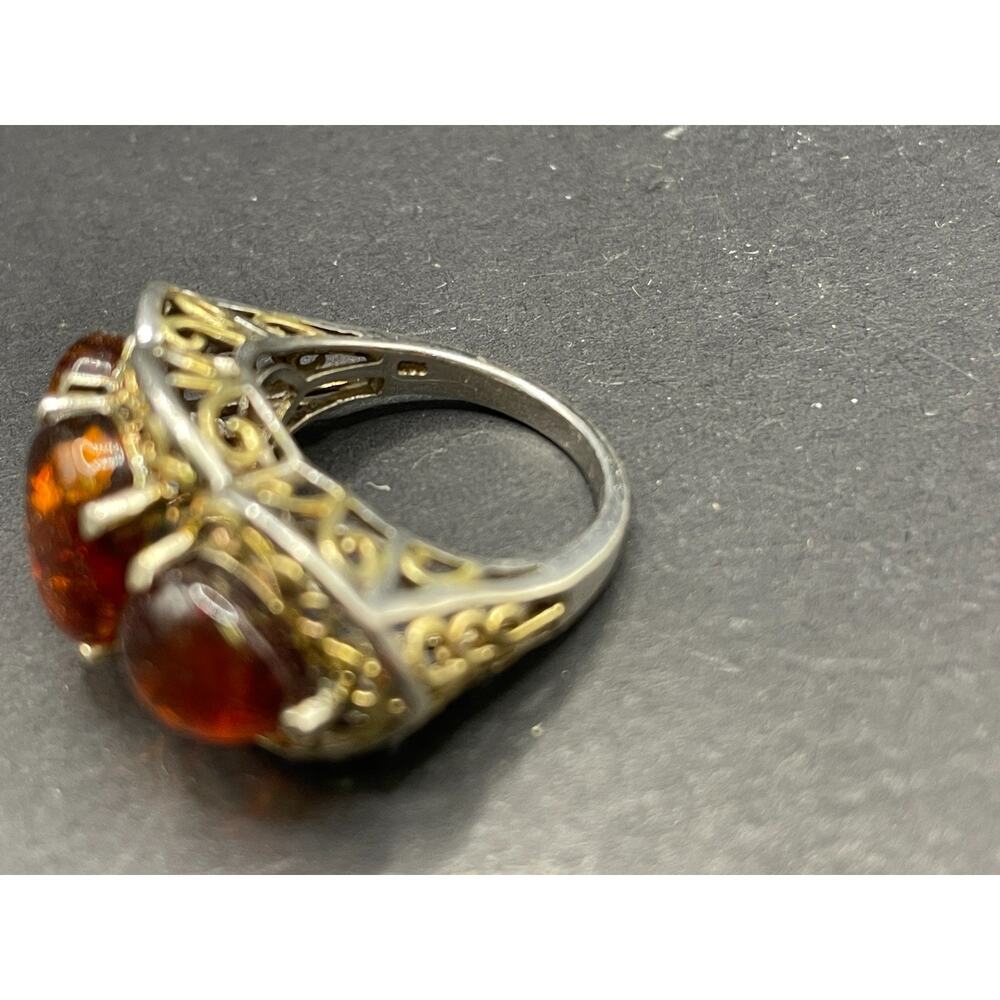 VTG STS 925 Sterling Silver Baltic Cognac Amber Filigree 3 Stone Ring Size 8.75 - Picture 4 of 7